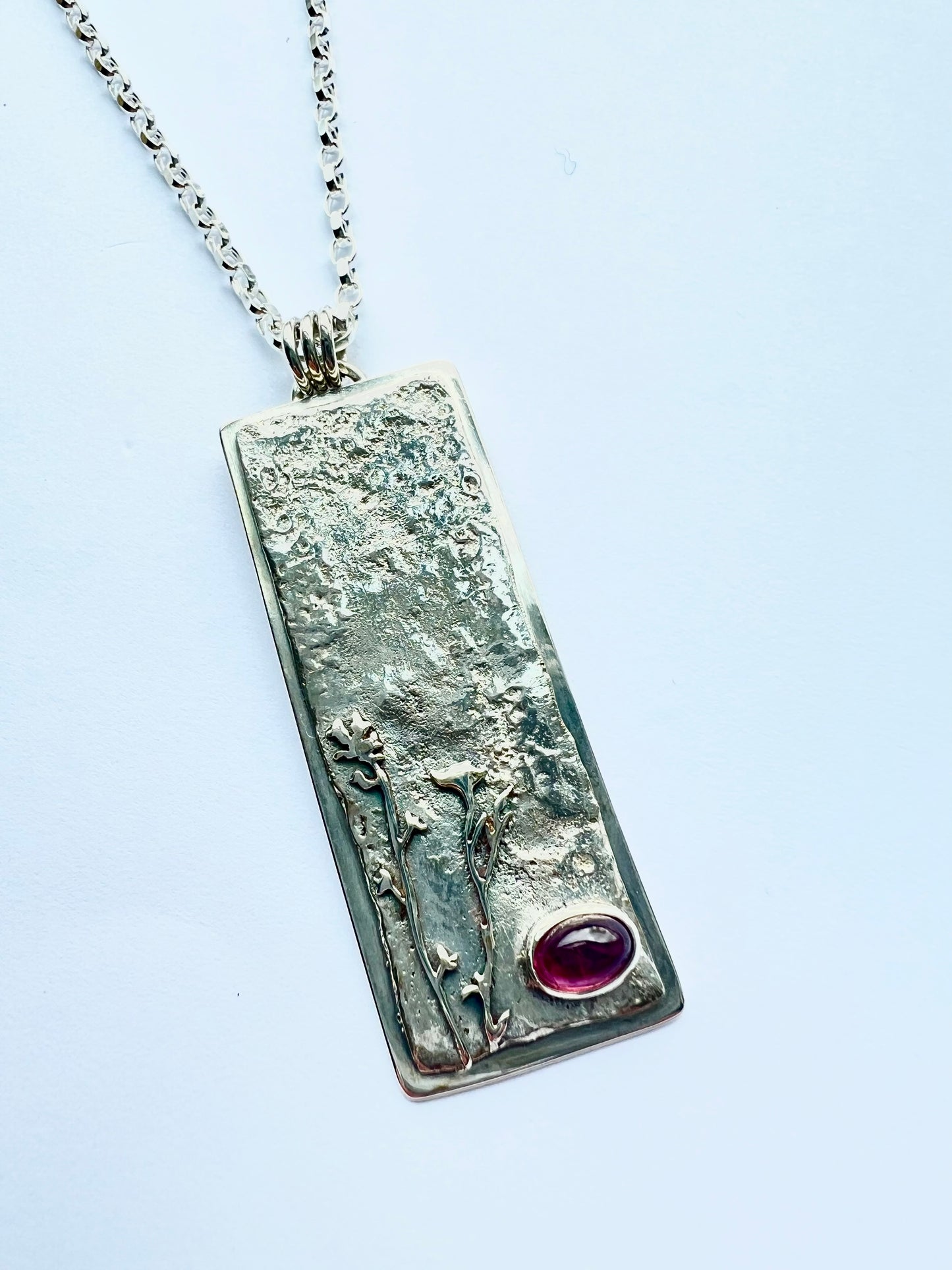 Rectangular Wildflowers Pendant with Rich Pink Tourmaline