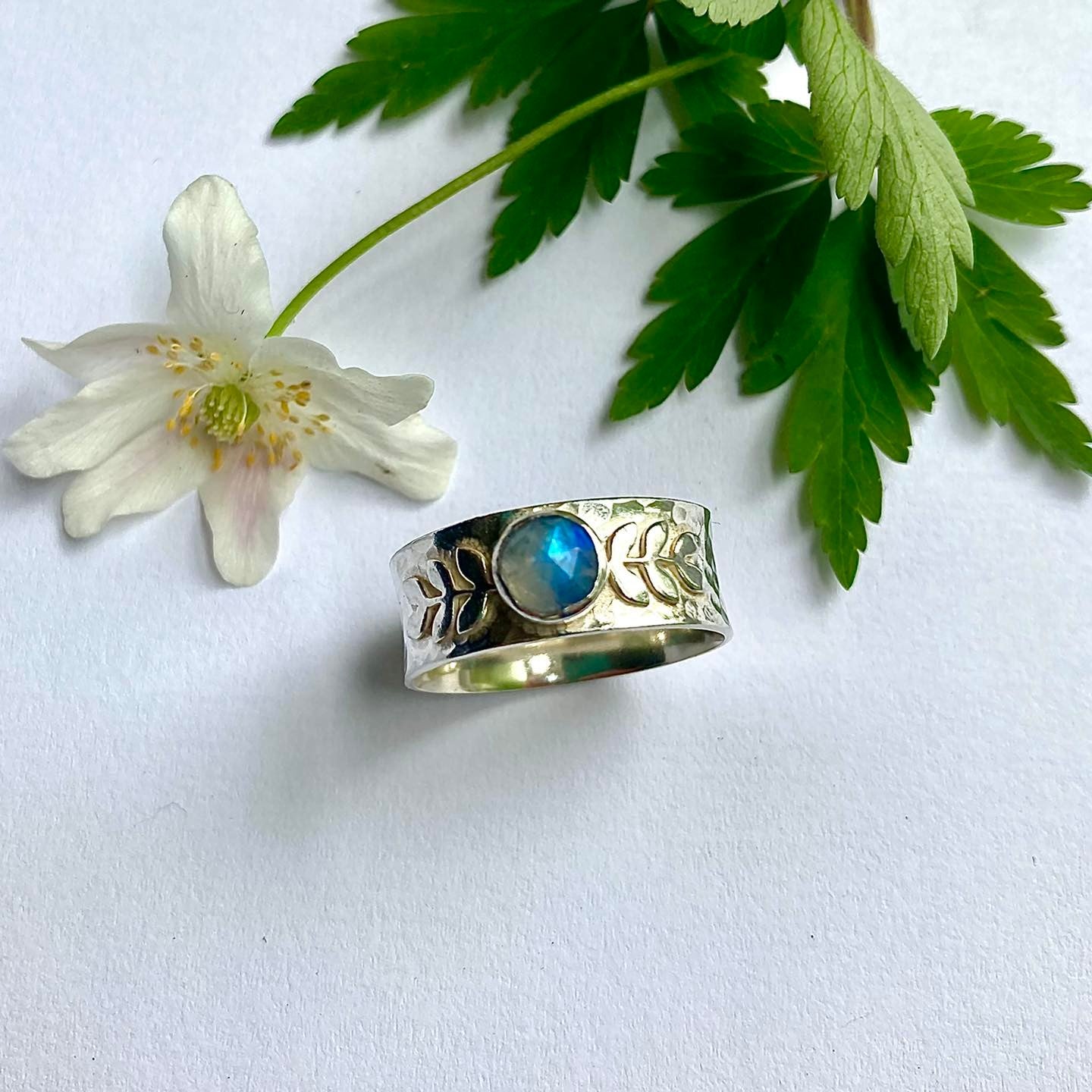 Botanical Rainbow Moonstone Wide Band Ring