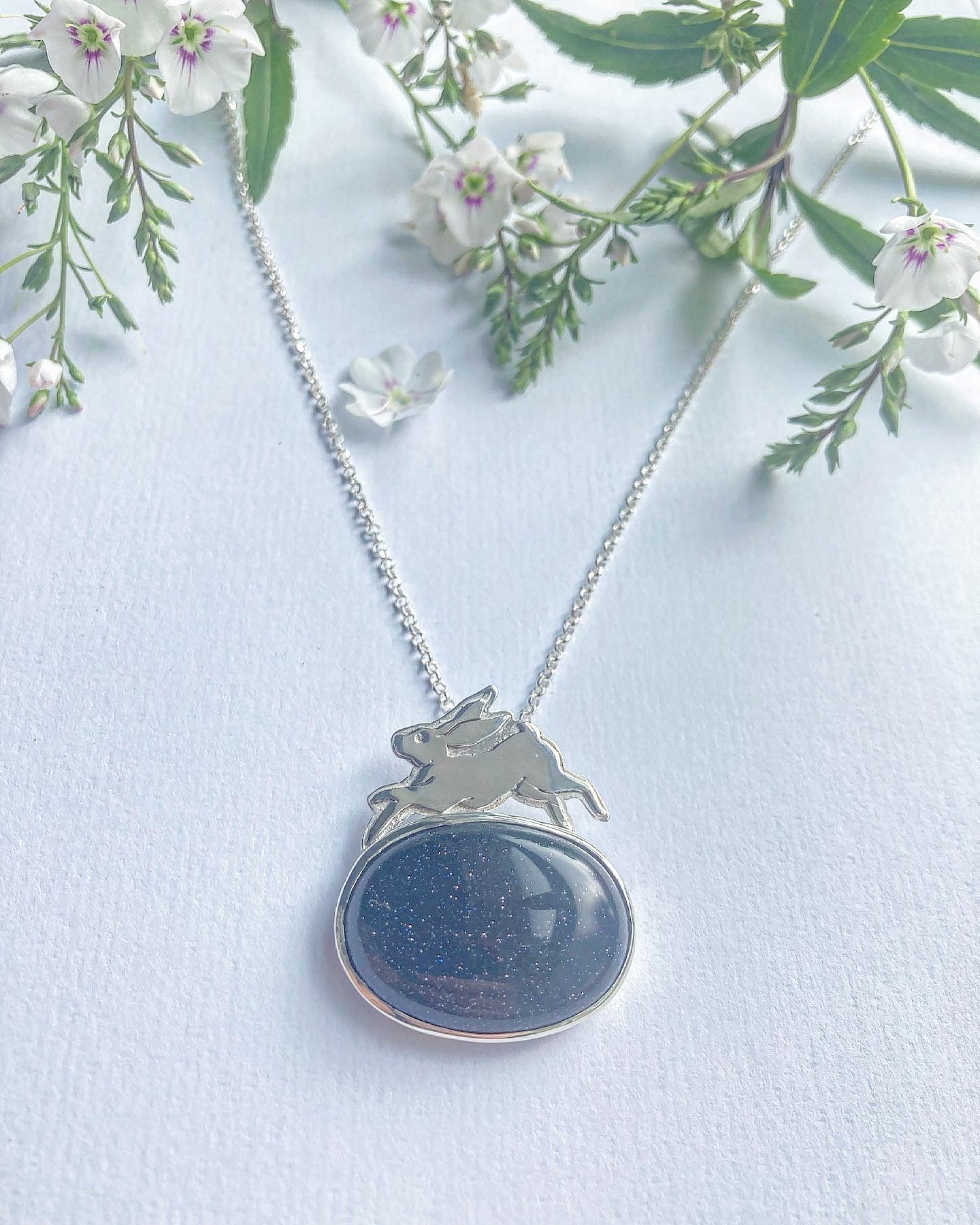 'Meet Me Underneath The Stars' Hare Pendant Necklace with Goldstone Cabochon. Mo