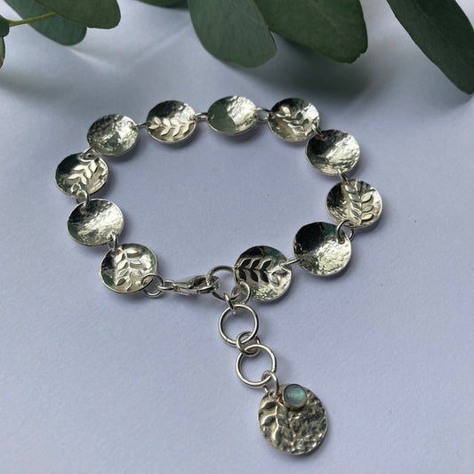 Sterling Silver Botanical Bracelet with Rainbow Moonstone Charm