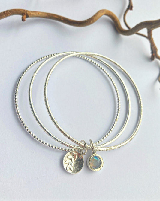 Botanical Sterling Silver Bangle with Moonstone Charm